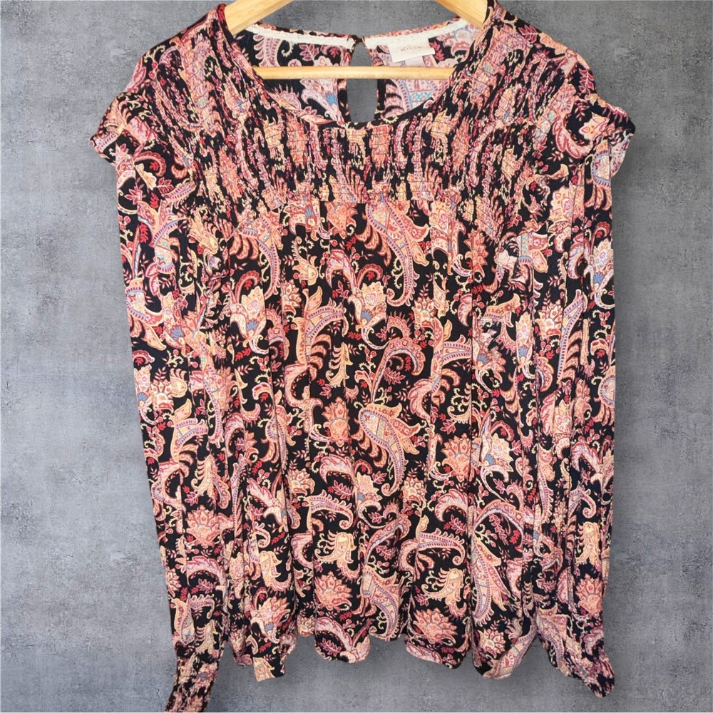 Knox Rose Plus Size 4X Black Pink Paisley Boho Smocked Blouse Flowy Long Sleeve‎